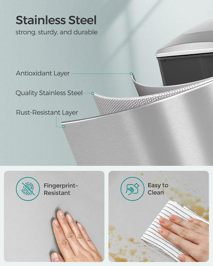 SONGMICS Kitchen Trash Can with Lid, 13-Gallon (50 L) Slim, Stainless Steel