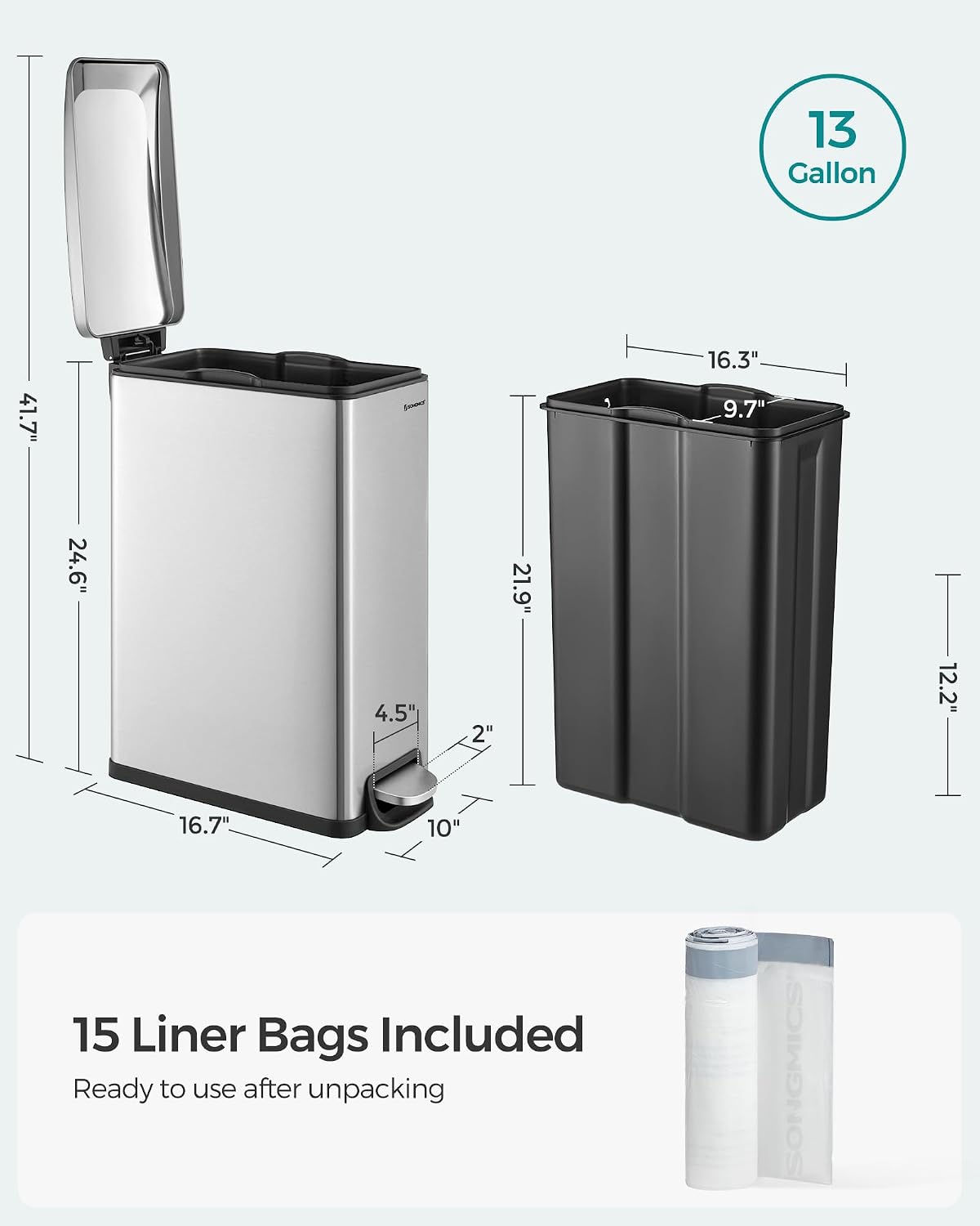 SONGMICS Kitchen Trash Can with Lid, 13-Gallon (50 L) Slim, Stainless Steel