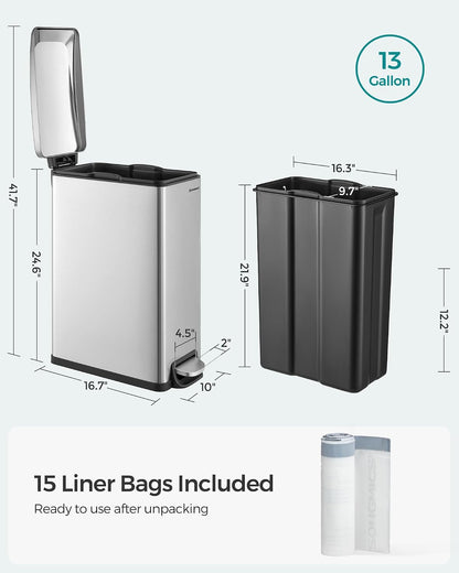 SONGMICS Kitchen Trash Can with Lid, 13-Gallon (50 L) Slim, Stainless Steel