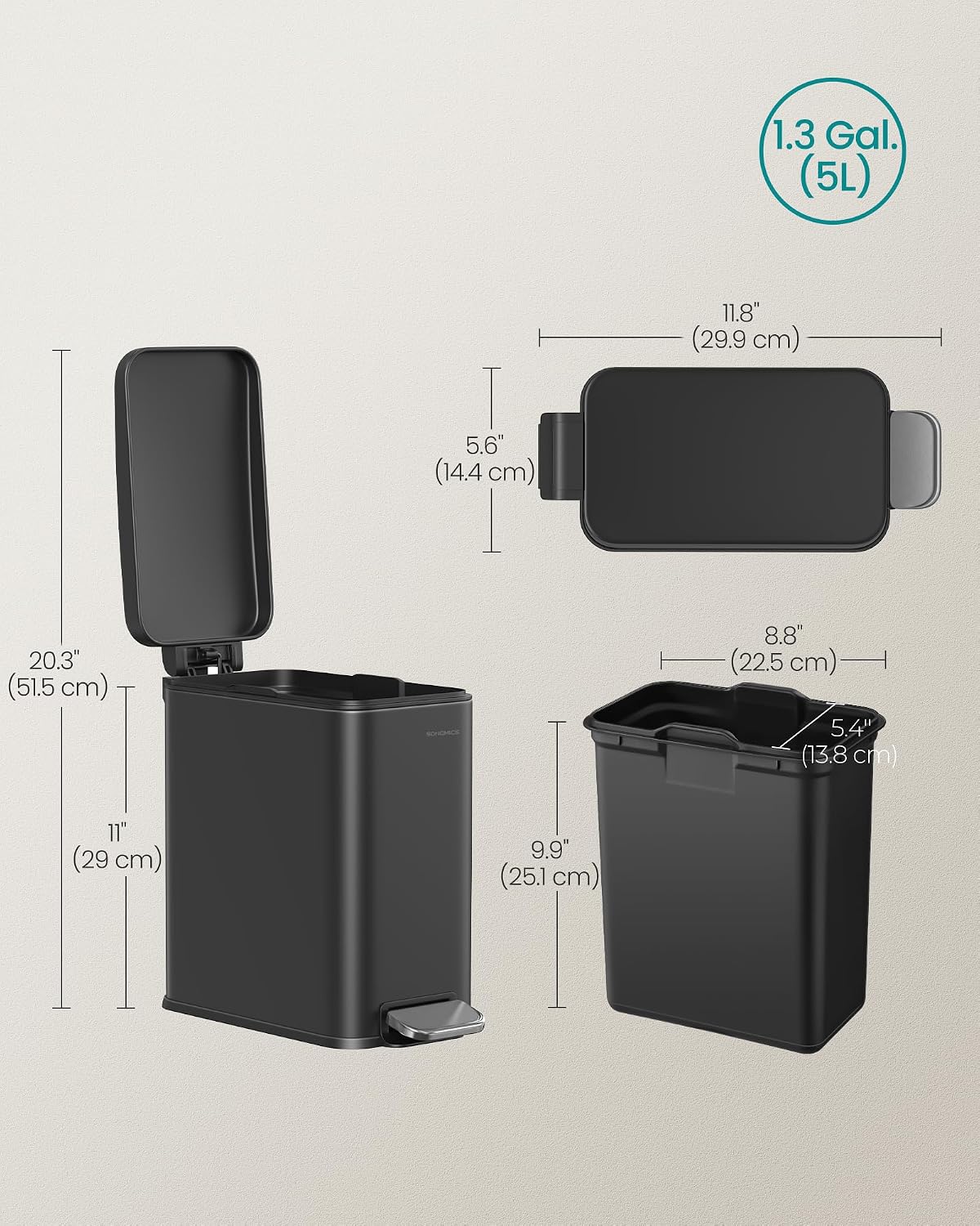 SONGMICS Kitchen Trash Can with Lid, 13-Gallon (50 L) Slim, Stainless Steel
