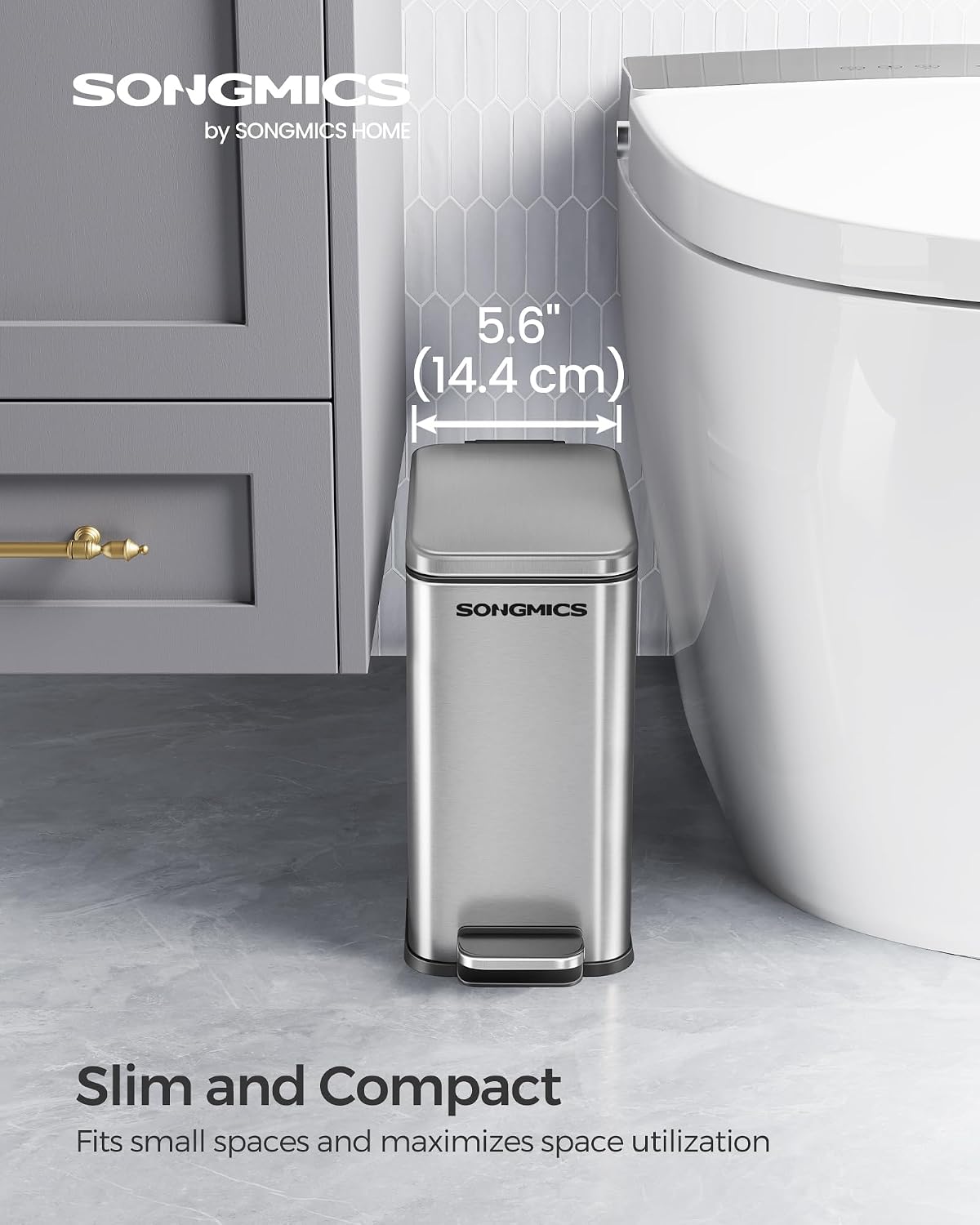 SONGMICS Kitchen Trash Can with Lid, 13-Gallon (50 L) Slim, Stainless Steel