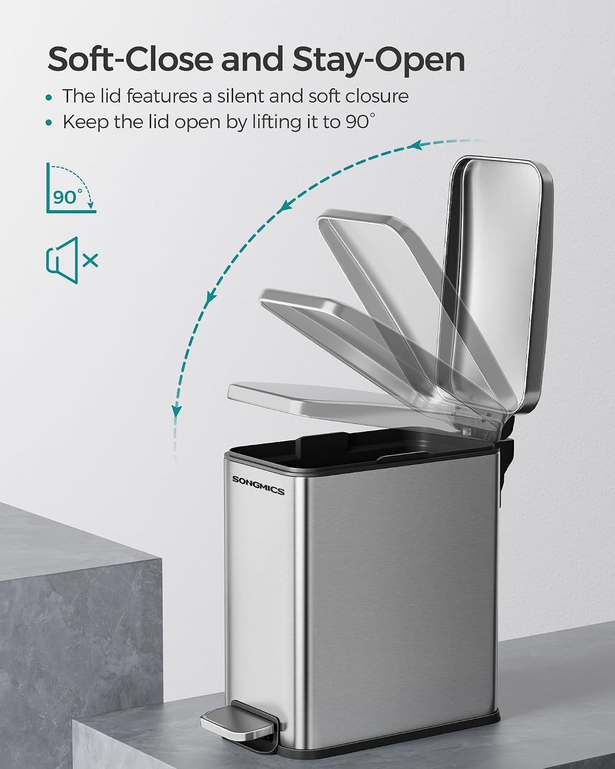 SONGMICS Kitchen Trash Can with Lid, 13-Gallon (50 L) Slim, Stainless Steel