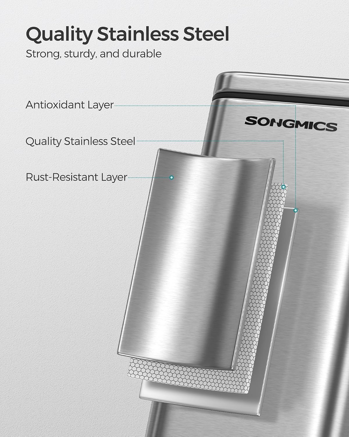 SONGMICS Kitchen Trash Can with Lid, 13-Gallon (50 L) Slim, Stainless Steel