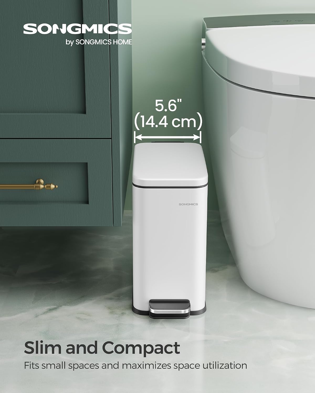 SONGMICS Kitchen Trash Can with Lid, 13-Gallon (50 L) Slim, Stainless Steel