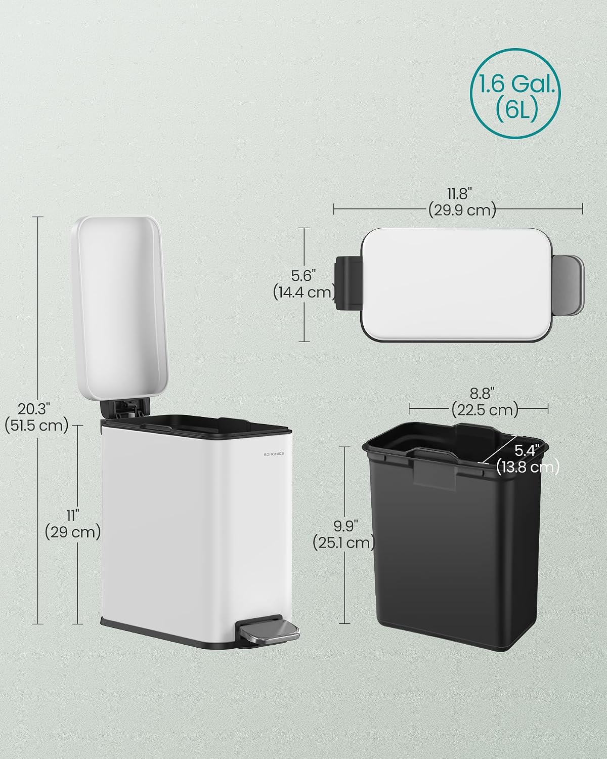 SONGMICS Kitchen Trash Can with Lid, 13-Gallon (50 L) Slim, Stainless Steel