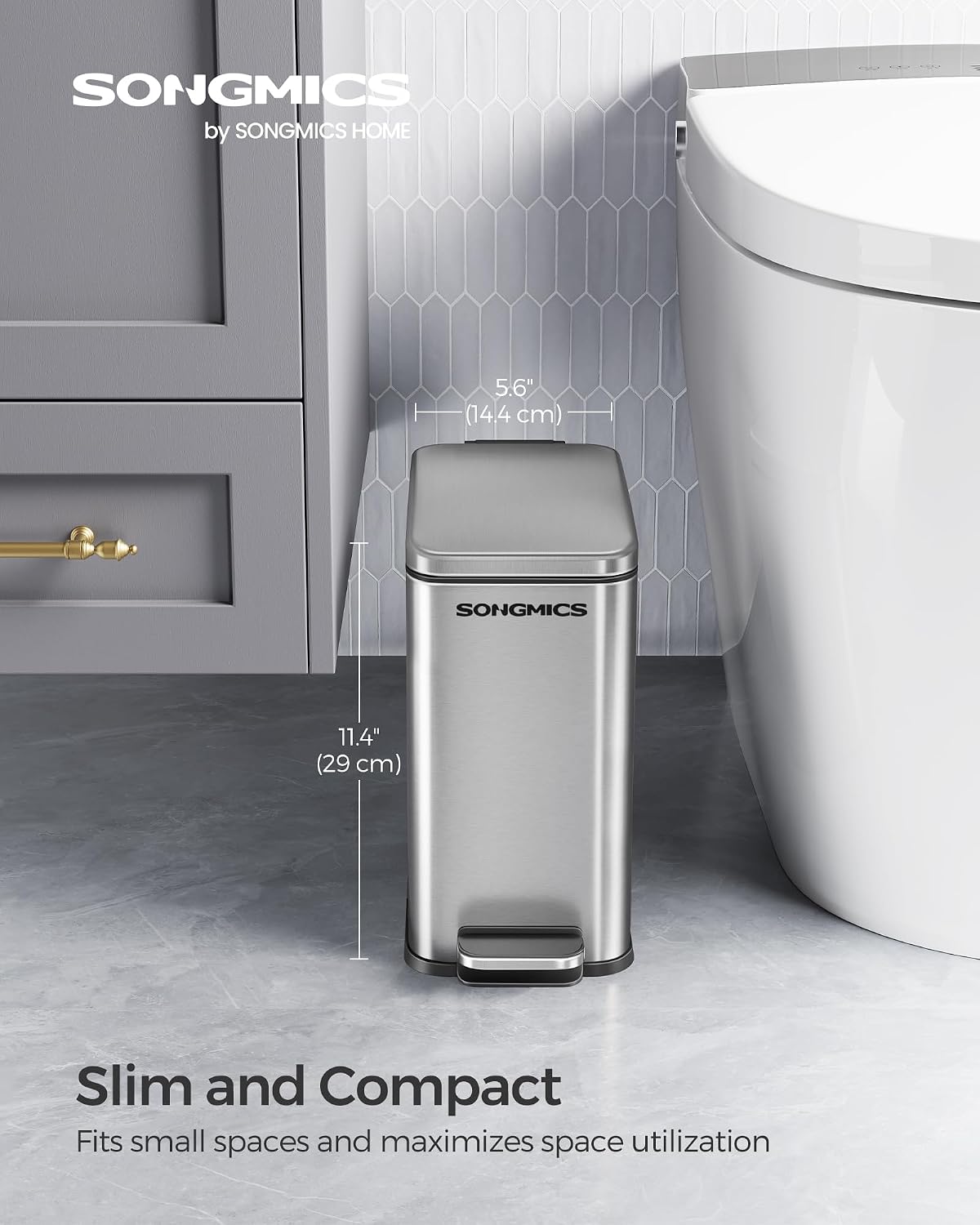 SONGMICS Kitchen Trash Can with Lid, 13-Gallon (50 L) Slim, Stainless Steel