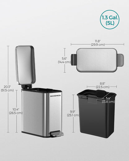 SONGMICS Kitchen Trash Can with Lid, 13-Gallon (50 L) Slim, Stainless Steel
