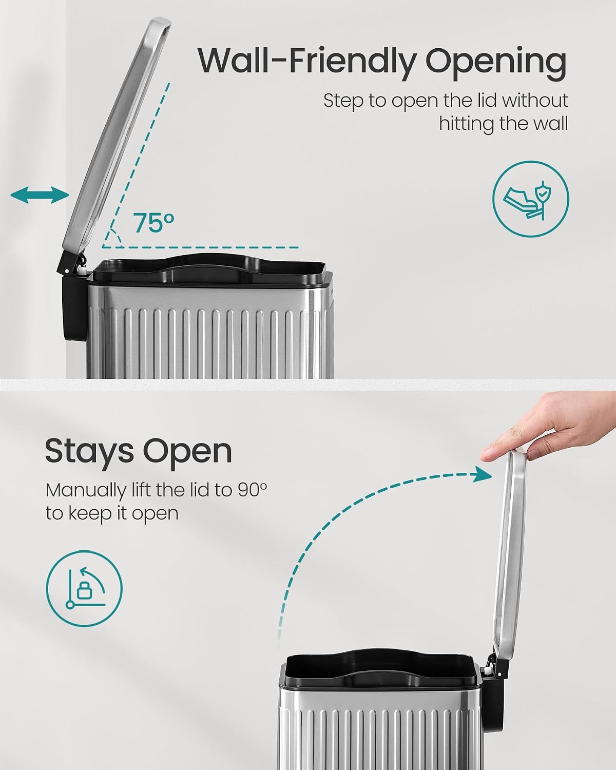 SONGMICS Kitchen Trash Can with Lid, 13-Gallon (50 L) Slim, Stainless Steel