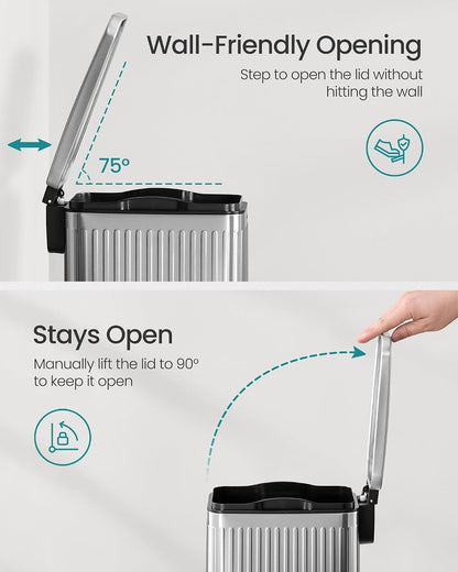 SONGMICS Kitchen Trash Can with Lid, 13-Gallon (50 L) Slim, Stainless Steel