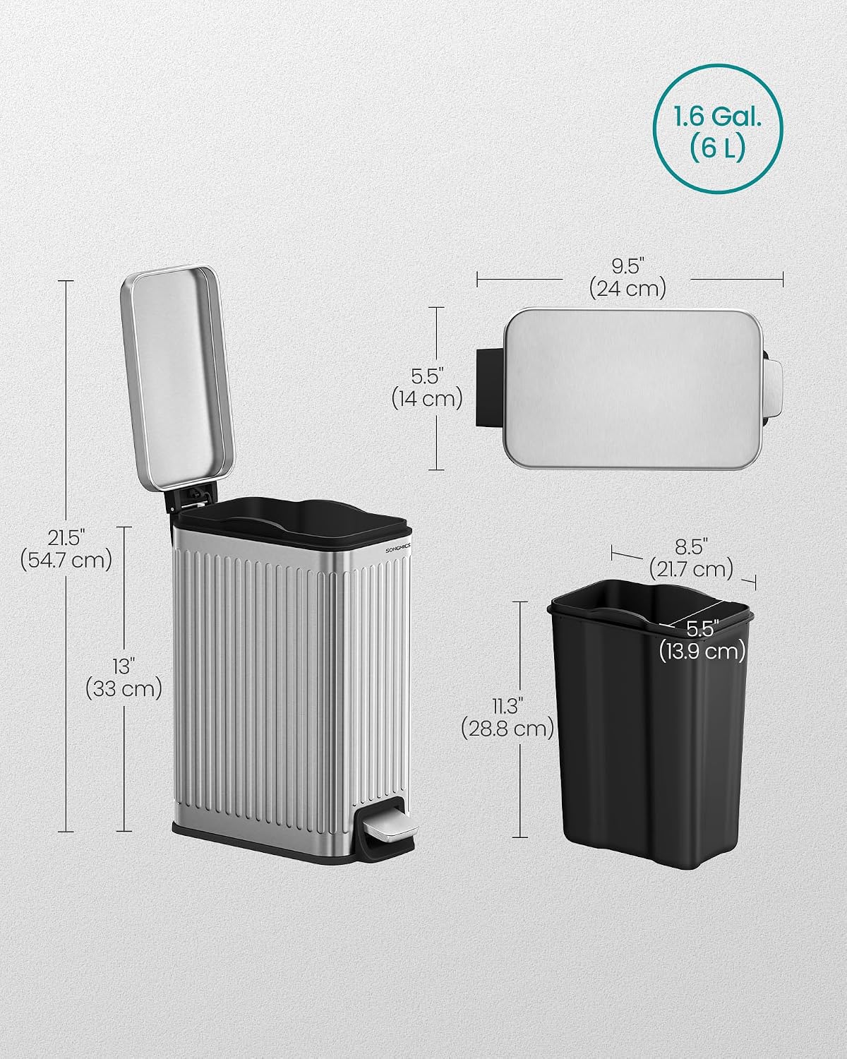 SONGMICS Kitchen Trash Can with Lid, 13-Gallon (50 L) Slim, Stainless Steel
