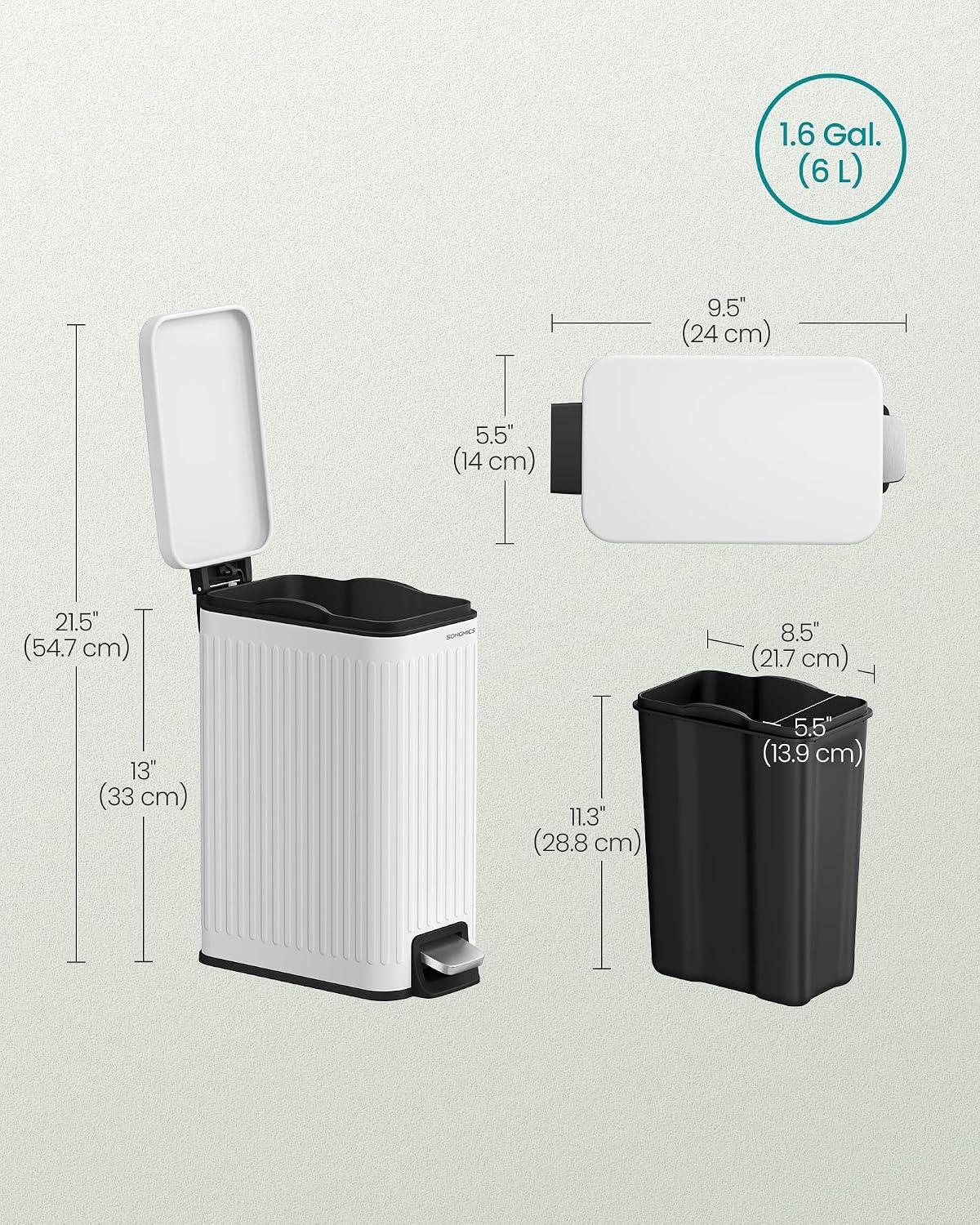 SONGMICS Kitchen Trash Can with Lid, 13-Gallon (50 L) Slim, Stainless Steel