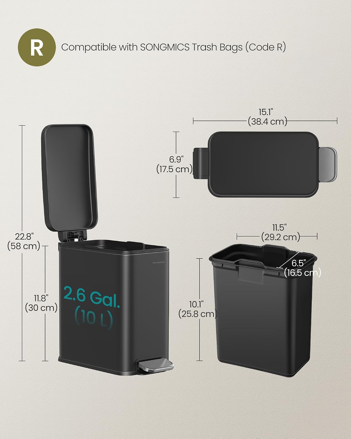 SONGMICS Kitchen Trash Can with Lid, 13-Gallon (50 L) Slim, Stainless Steel