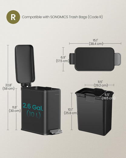 SONGMICS Kitchen Trash Can with Lid, 13-Gallon (50 L) Slim, Stainless Steel