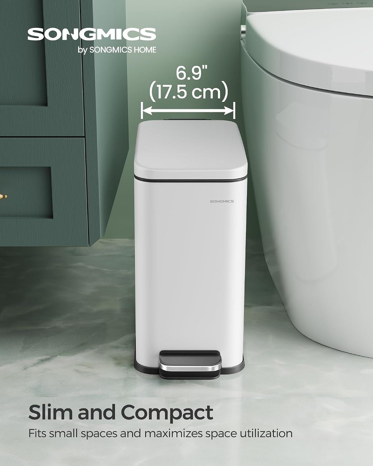 SONGMICS Kitchen Trash Can with Lid, 13-Gallon (50 L) Slim, Stainless Steel