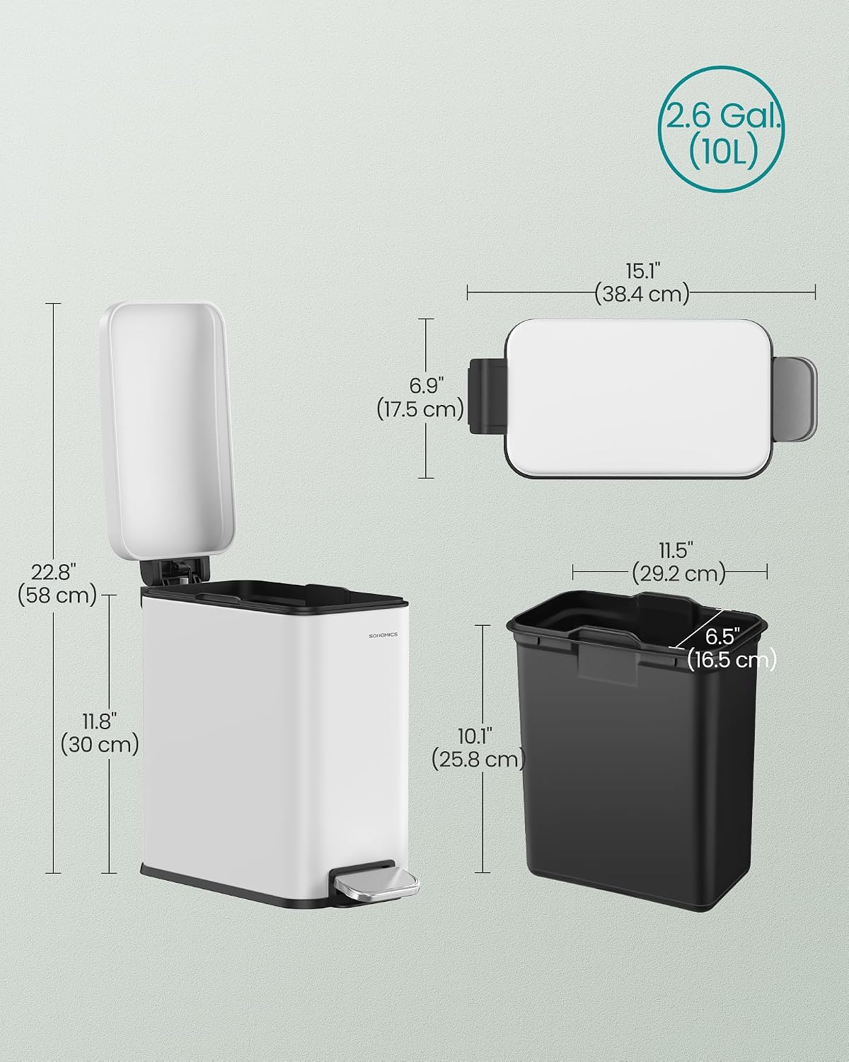 SONGMICS Kitchen Trash Can with Lid, 13-Gallon (50 L) Slim, Stainless Steel