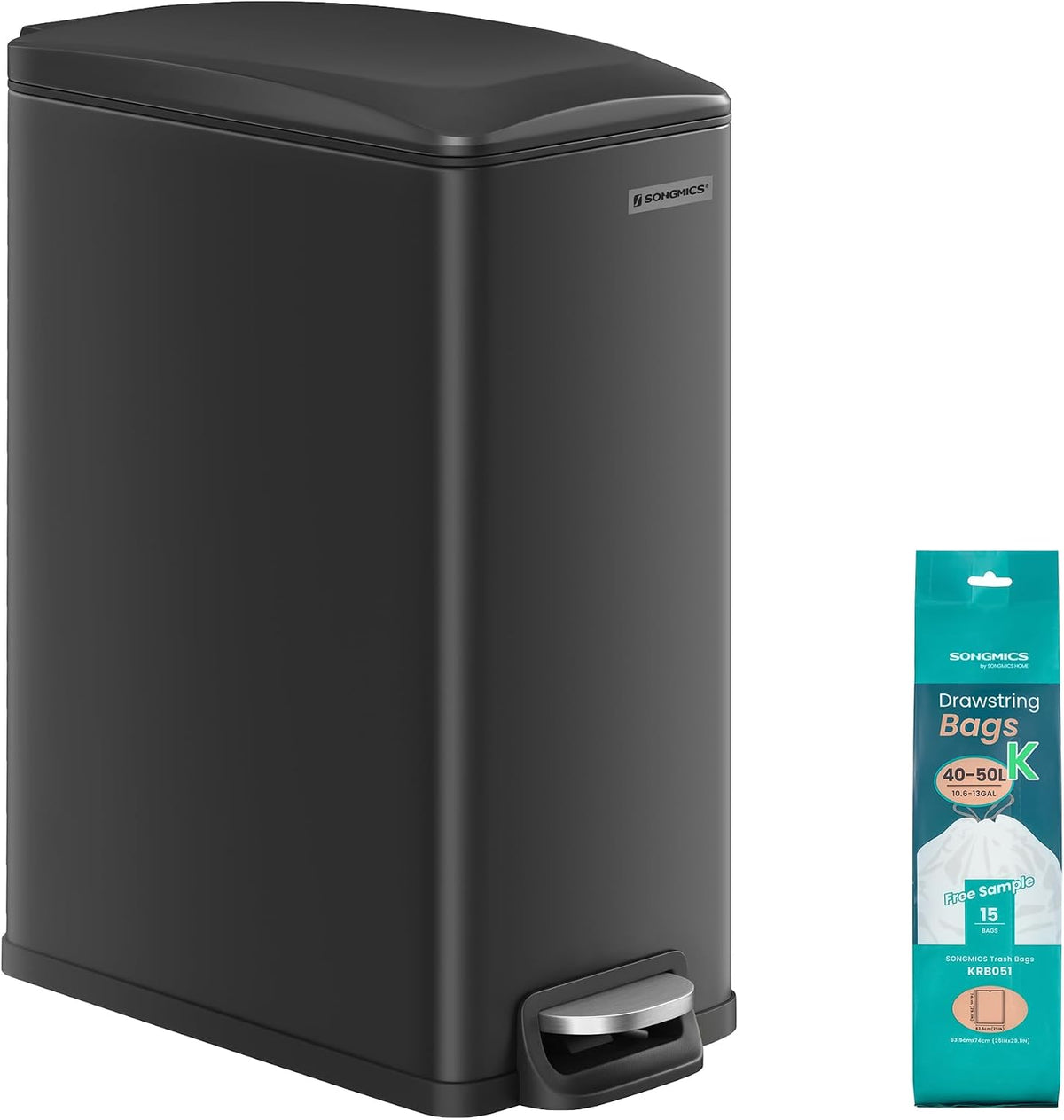 SONGMICS Kitchen Trash Can with Lid, 13-Gallon (50 L) Slim, Stainless Steel