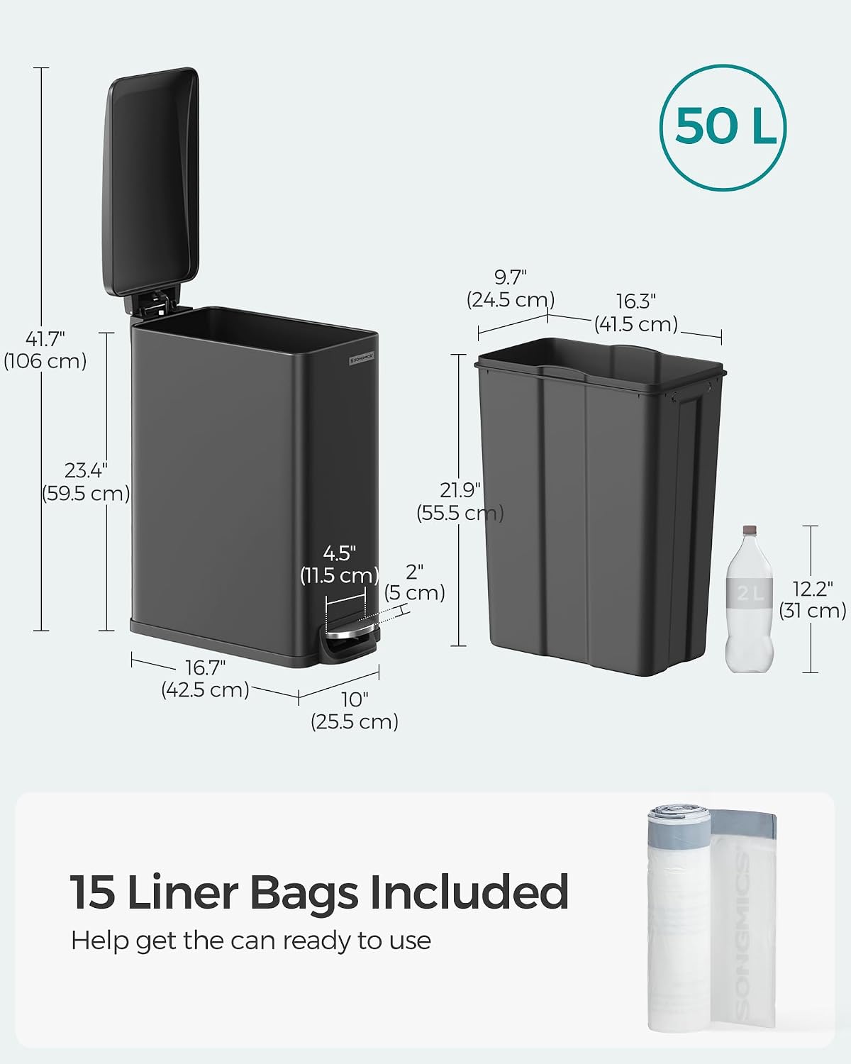 SONGMICS Kitchen Trash Can with Lid, 13-Gallon (50 L) Slim, Stainless Steel