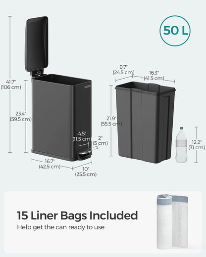 SONGMICS Kitchen Trash Can with Lid, 13-Gallon (50 L) Slim, Stainless Steel