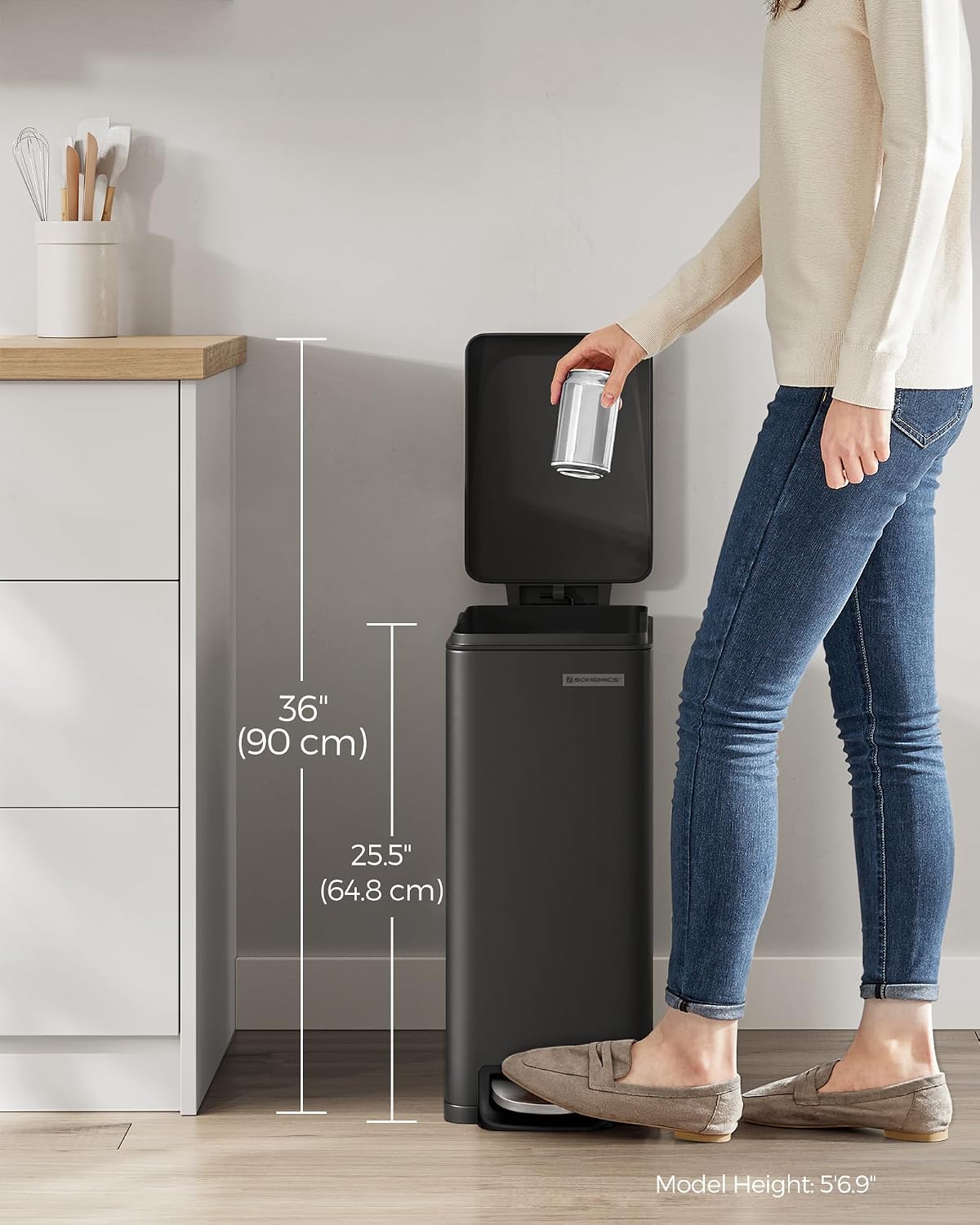 SONGMICS Kitchen Trash Can with Lid, 13-Gallon (50 L) Slim, Stainless Steel
