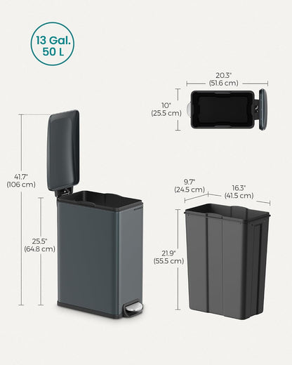 SONGMICS Kitchen Trash Can with Lid, 13-Gallon (50 L) Slim, Stainless Steel