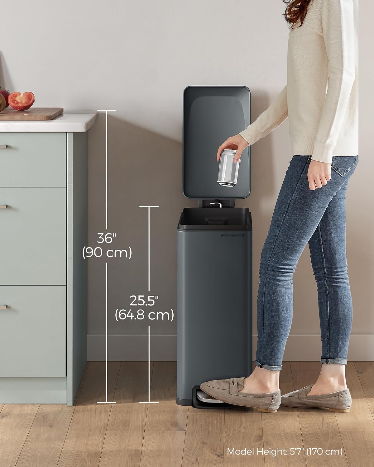 SONGMICS Kitchen Trash Can with Lid, 13-Gallon (50 L) Slim, Stainless Steel