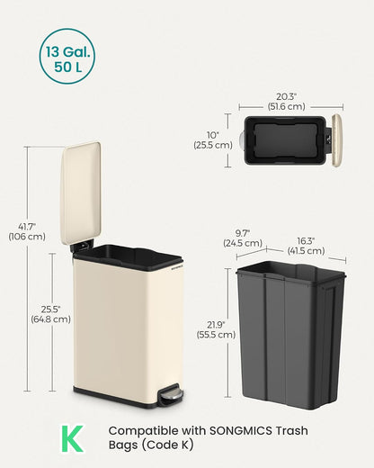 SONGMICS Kitchen Trash Can with Lid, 13-Gallon (50 L) Slim, Stainless Steel