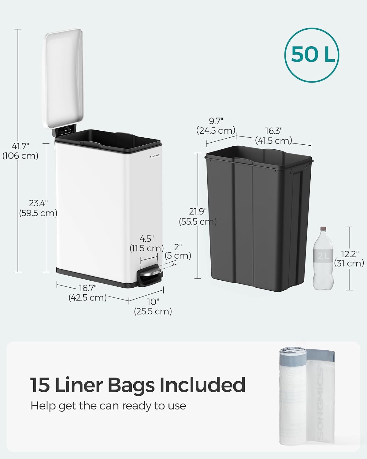 SONGMICS Kitchen Trash Can with Lid, 13-Gallon (50 L) Slim, Stainless Steel