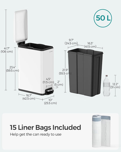SONGMICS Kitchen Trash Can with Lid, 13-Gallon (50 L) Slim, Stainless Steel