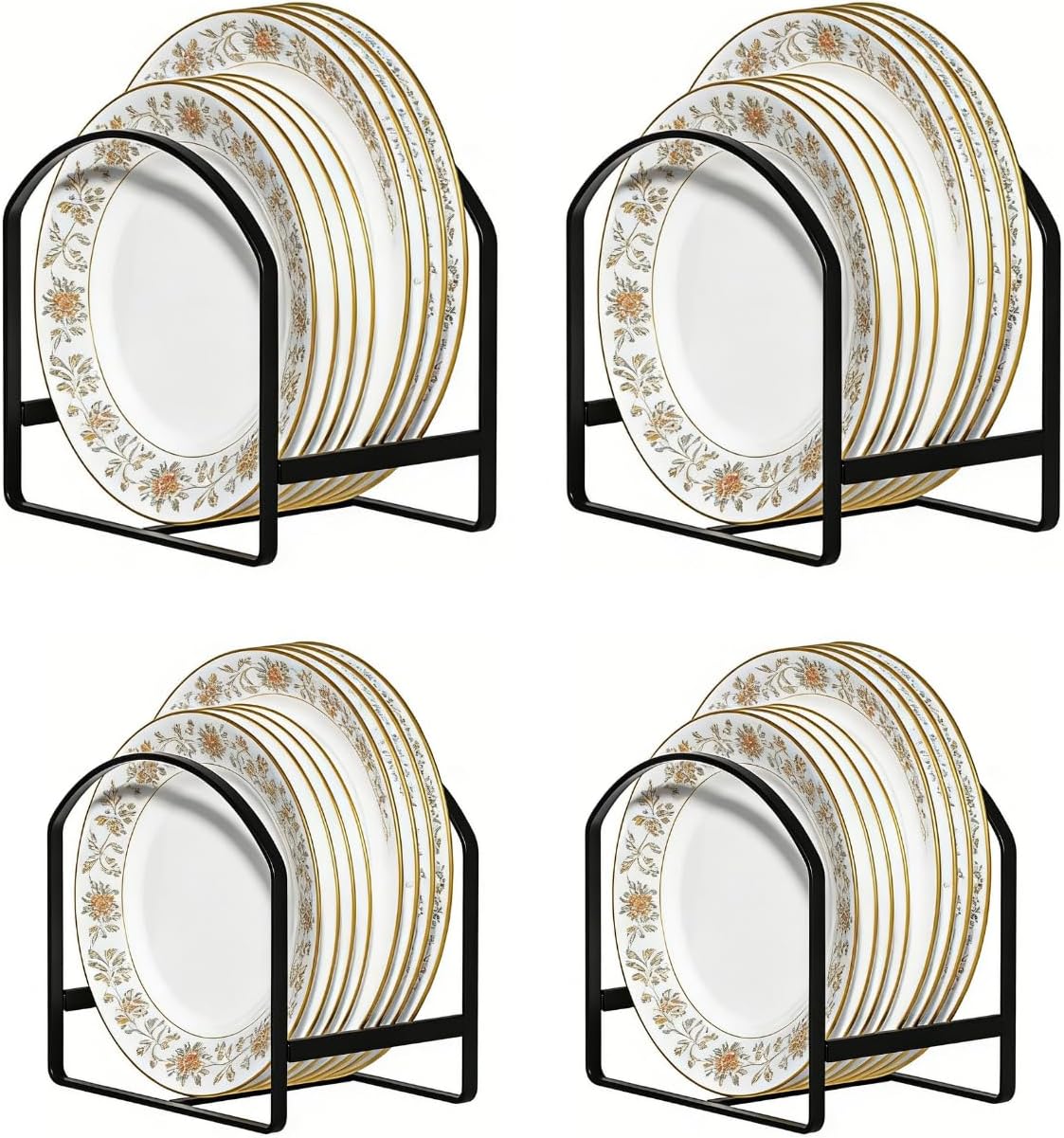 4 Pack Kitchen Plate Holder Organizer for Cabinet Space Saver Dinner Dish Plate Storage Rack Upright Dish Drying Racks Metal Dish Racks Stand for Cupboard and Countertop 2 Large 2 Small Black