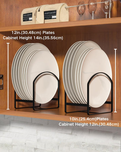4 Pack Kitchen Plate Holder Organizer for Cabinet Space Saver Dinner Dish Plate Storage Rack Upright Dish Drying Racks Metal Dish Racks Stand for Cupboard and Countertop 2 Large 2 Small Black