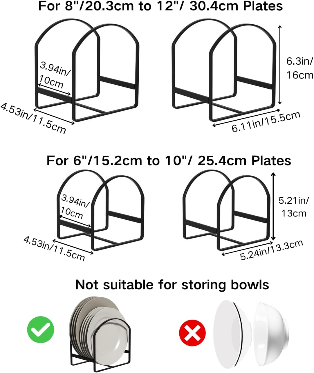 4 Pack Kitchen Plate Holder Organizer for Cabinet Space Saver Dinner Dish Plate Storage Rack Upright Dish Drying Racks Metal Dish Racks Stand for Cupboard and Countertop 2 Large 2 Small Black
