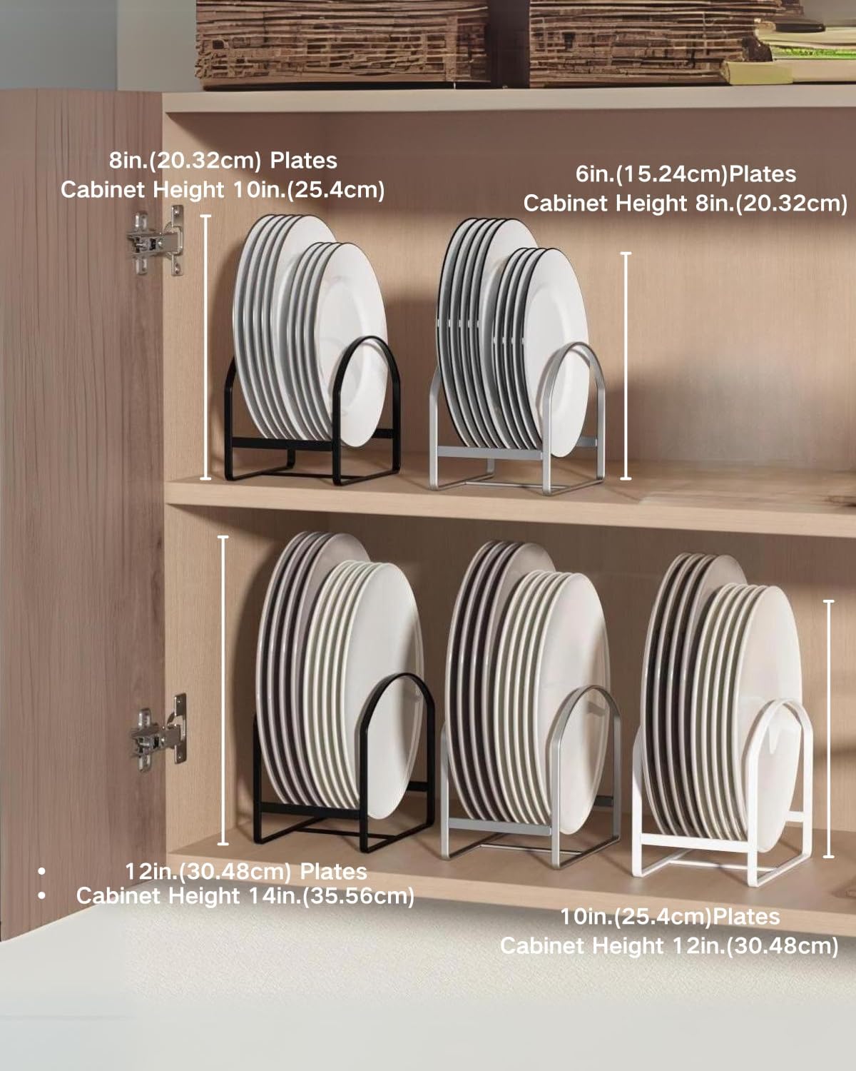 4 Pack Kitchen Plate Holder Organizer for Cabinet Space Saver Dinner Dish Plate Storage Rack Upright Dish Drying Racks Metal Dish Racks Stand for Cupboard and Countertop 2 Large 2 Small Black
