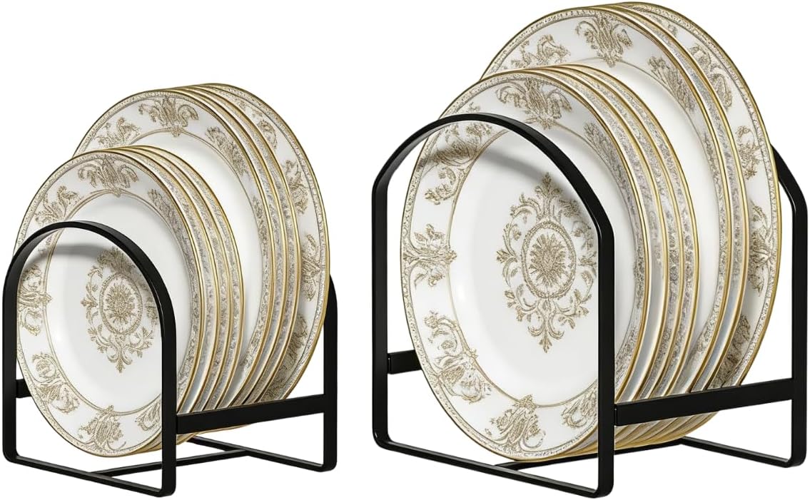 4 Pack Kitchen Plate Holder Organizer for Cabinet Space Saver Dinner Dish Plate Storage Rack Upright Dish Drying Racks Metal Dish Racks Stand for Cupboard and Countertop 2 Large 2 Small Black