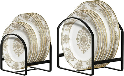 4 Pack Kitchen Plate Holder Organizer for Cabinet Space Saver Dinner Dish Plate Storage Rack Upright Dish Drying Racks Metal Dish Racks Stand for Cupboard and Countertop 2 Large 2 Small Black