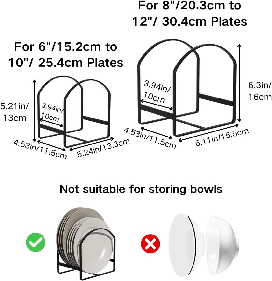4 Pack Kitchen Plate Holder Organizer for Cabinet Space Saver Dinner Dish Plate Storage Rack Upright Dish Drying Racks Metal Dish Racks Stand for Cupboard and Countertop 2 Large 2 Small Black