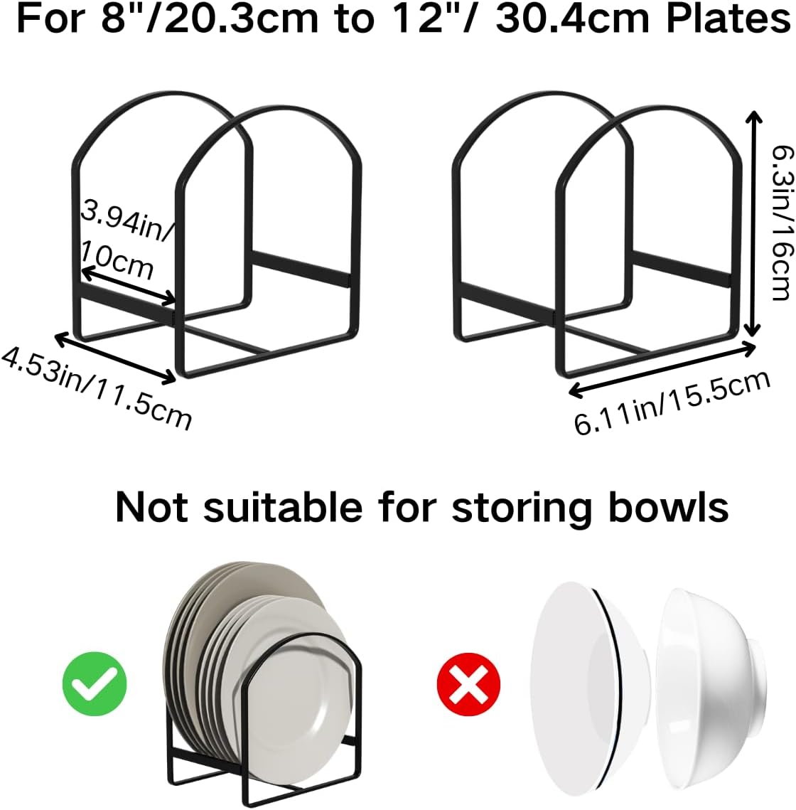 4 Pack Kitchen Plate Holder Organizer for Cabinet Space Saver Dinner Dish Plate Storage Rack Upright Dish Drying Racks Metal Dish Racks Stand for Cupboard and Countertop 2 Large 2 Small Black