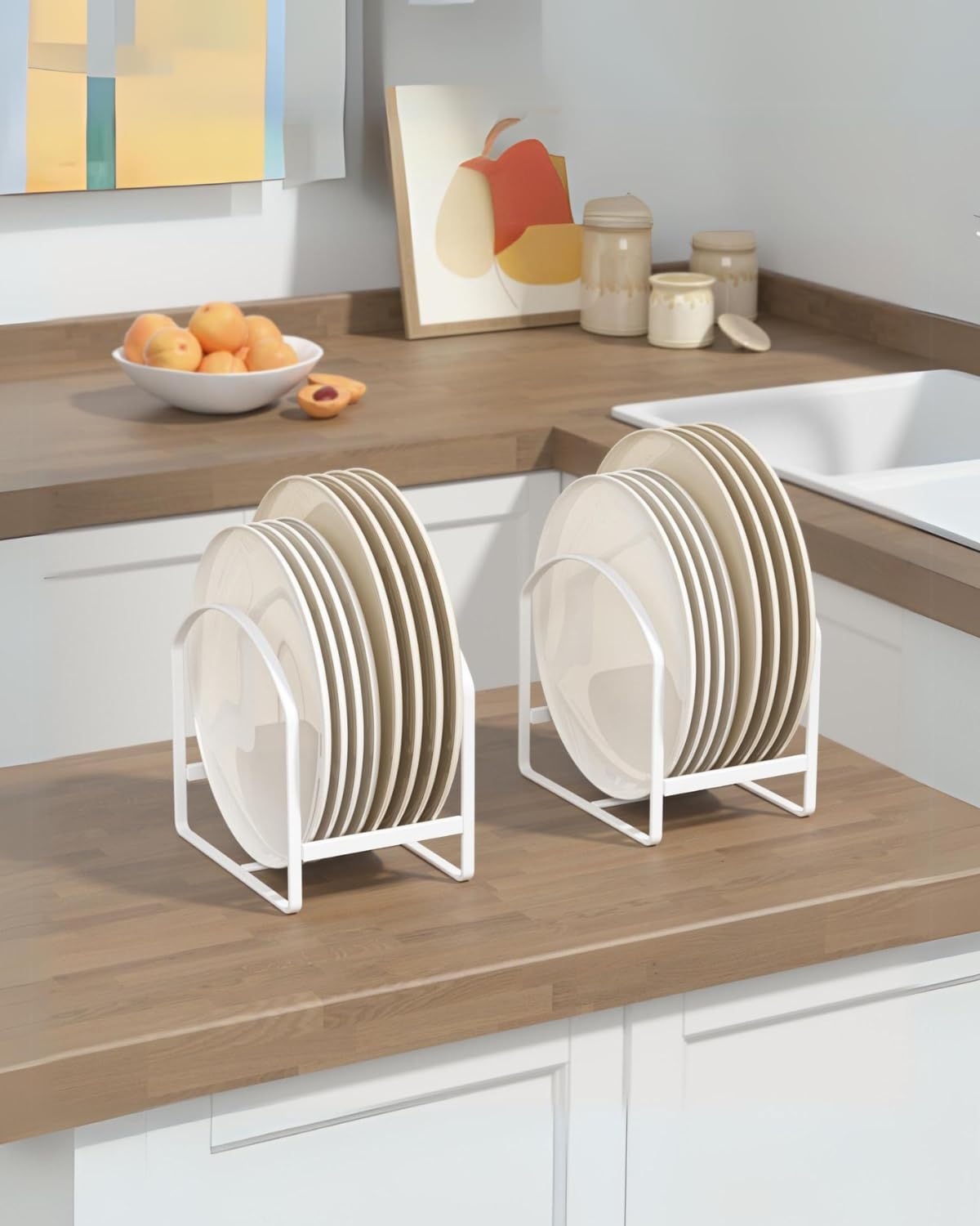 4 Pack Kitchen Plate Holder Organizer for Cabinet Space Saver Dinner Dish Plate Storage Rack Upright Dish Drying Racks Metal Dish Racks Stand for Cupboard and Countertop 2 Large 2 Small Black