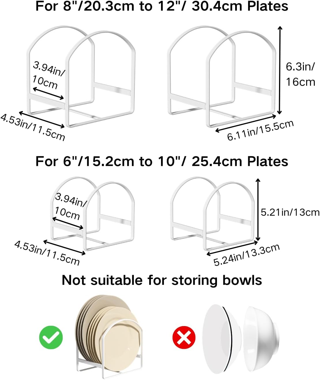 4 Pack Kitchen Plate Holder Organizer for Cabinet Space Saver Dinner Dish Plate Storage Rack Upright Dish Drying Racks Metal Dish Racks Stand for Cupboard and Countertop 2 Large 2 Small Black