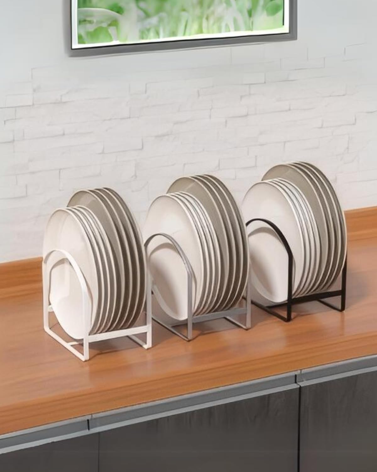 4 Pack Kitchen Plate Holder Organizer for Cabinet Space Saver Dinner Dish Plate Storage Rack Upright Dish Drying Racks Metal Dish Racks Stand for Cupboard and Countertop 2 Large 2 Small Black