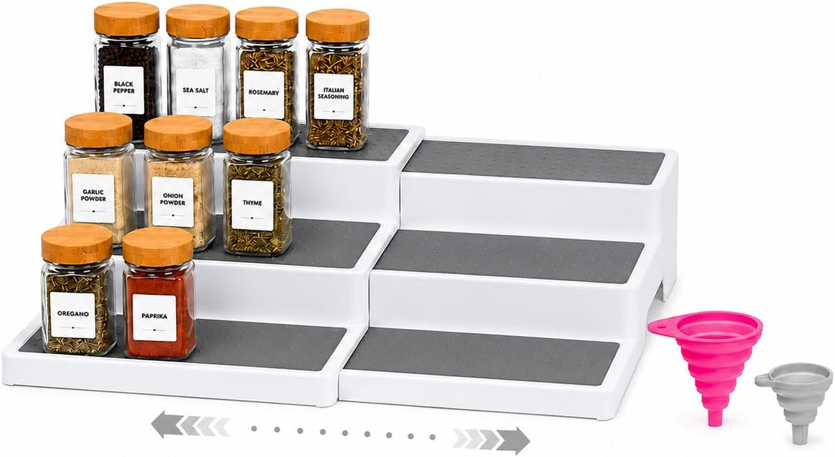 Pack of 2, Expandable 3 Tiered Spice Rack Organizer for Cabinet and Kitchen Pantry Shelf - Non-Slip Shelves for Spices, Seasoning, Canned Food, Medicine Cabinet Organizer - Includes Silicone Funnels