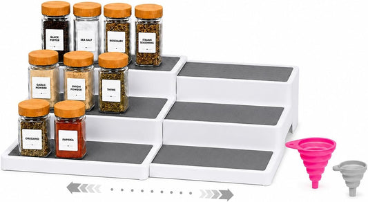 Pack of 2, Expandable 3 Tiered Spice Rack Organizer for Cabinet and Kitchen Pantry Shelf - Non-Slip Shelves for Spices, Seasoning, Canned Food, Medicine Cabinet Organizer - Includes Silicone Funnels