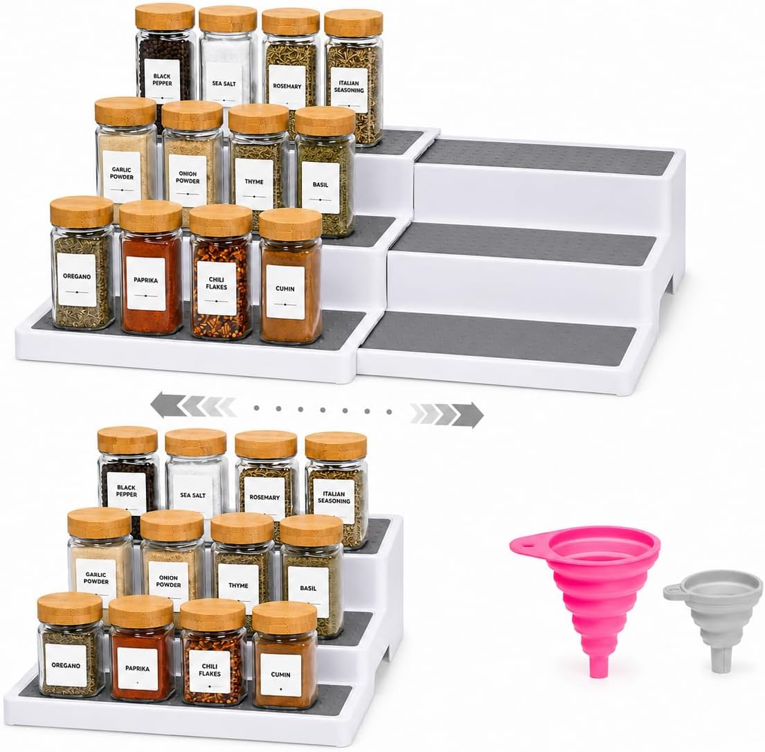 Pack of 2, Expandable 3 Tiered Spice Rack Organizer for Cabinet and Kitchen Pantry Shelf - Non-Slip Shelves for Spices, Seasoning, Canned Food, Medicine Cabinet Organizer - Includes Silicone Funnels