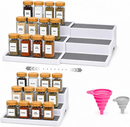 Pack of 2, Expandable 3 Tiered Spice Rack Organizer for Cabinet and Kitchen Pantry Shelf - Non-Slip Shelves for Spices, Seasoning, Canned Food, Medicine Cabinet Organizer - Includes Silicone Funnels