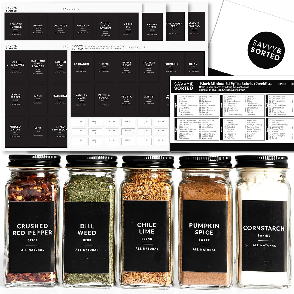 Indian Spice Labels Stickers for Jars and Lids - 96 South Asian Spice Jar Labels Waterproof Preprinted, Seasoning Herb Stickers for Containers Kitchen Pantry Organization