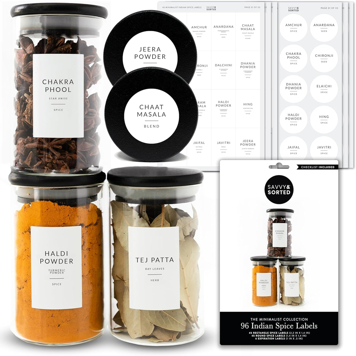 Indian Spice Labels Stickers for Jars and Lids - 96 South Asian Spice Jar Labels Waterproof Preprinted, Seasoning Herb Stickers for Containers Kitchen Pantry Organization