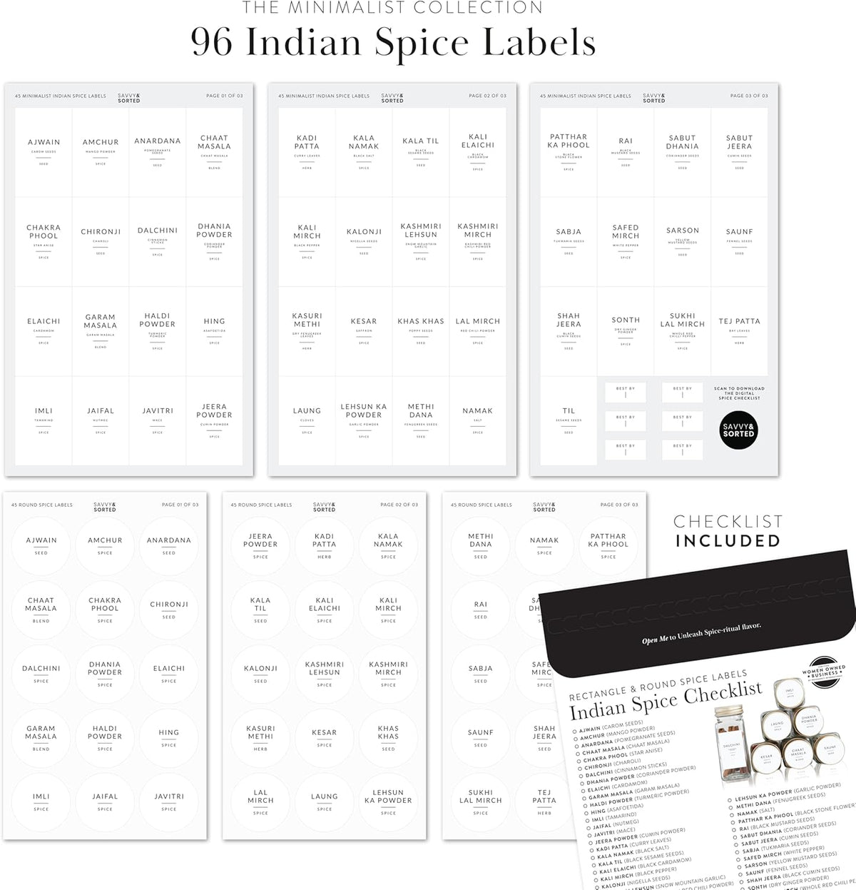 Indian Spice Labels Stickers for Jars and Lids - 96 South Asian Spice Jar Labels Waterproof Preprinted, Seasoning Herb Stickers for Containers Kitchen Pantry Organization
