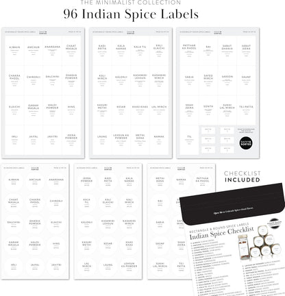 Indian Spice Labels Stickers for Jars and Lids - 96 South Asian Spice Jar Labels Waterproof Preprinted, Seasoning Herb Stickers for Containers Kitchen Pantry Organization