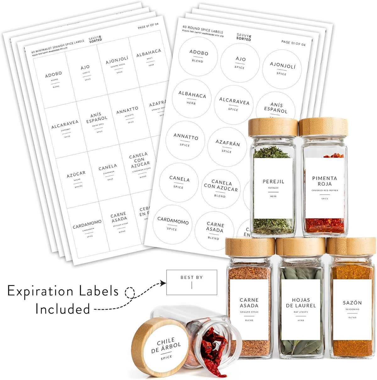 Indian Spice Labels Stickers for Jars and Lids - 96 South Asian Spice Jar Labels Waterproof Preprinted, Seasoning Herb Stickers for Containers Kitchen Pantry Organization