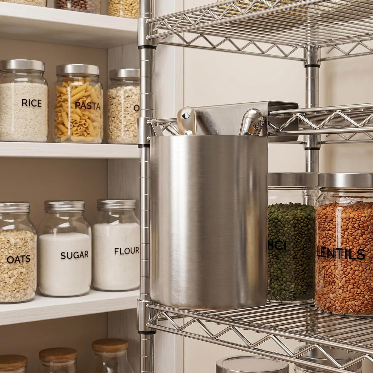 Ice Scoop Holder, Stainless Steel Ice Scoop and Holder Hanging Organizer for Fridge Shelf, Freezer, Pantry, Supermarket, 6.48 x 4.72 x 3.93 in