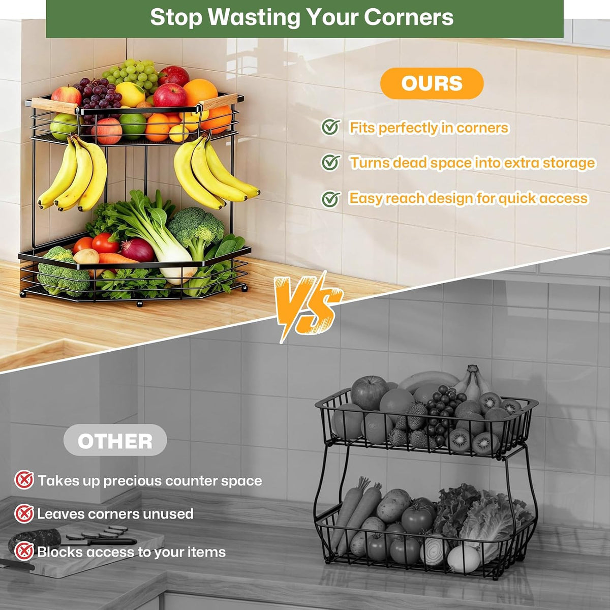 Fruit Basket for Kitchen Corner: Space-Saving 2-Tier